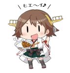  1girl brown_hair chibi commentary_request curry curry_rice detached_sleeves dokuganryuu flipped_hair food full_body green_skirt hairband headgear hiei_(kantai_collection) highres japanese_clothes kantai_collection plaid popped_collar remodel_(kantai_collection) ribbon-trimmed_sleeves ribbon_trim rice short_hair simple_background skirt solid_oval_eyes solo standing white_background 