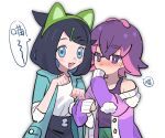  2girls :d black_hair black_shorts blush bright_pupils cardigan collarbone colored_inner_hair commentary_request dot_(pokemon) freckles green_hairband green_jacket green_pants hairband jacket liko_(pokemon) locked_arms medium_hair momoo_1107 multicolored_hair multiple_girls open_clothes open_jacket open_mouth pants paw_pose pokemon pokemon_(anime) pokemon_ears pokemon_horizons purple_cardigan purple_eyes purple_hair shirt shorts sleeves_past_elbows smile speech_bubble tank_top translation_request white_pupils white_shirt 