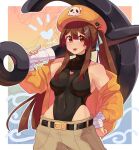  1girl absurdres alternate_costume anchor black_bodysuit bodysuit brown_eyes brown_hair cabbie_hat covered_navel guilty_gear guilty_gear_strive hat hat_ornament highres holding holding_anchor hood hoodie jacket long_hair long_sleeves looking_at_viewer may_(guilty_gear) mr._dolphin_(guilty_gear) off_shoulder orange_hat orange_hoodie orange_jacket ponytail skull_and_crossbones skull_hat_ornament smile supacreamss 