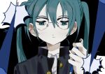  1girl absurdres alternate_costume bespectacled black_background black_jacket blue_eyes blue_hair closed_mouth collared_shirt commentary_request crossdressing drop_shadow gakuran glasses half-closed_eyes hand_up hatsune_miku highres holding jacket jaggy_lines light_blush light_frown long_hair looking_down omoei open_clothes open_jacket school_uniform shirt simple_background solo twintails upper_body vocaloid white_shirt 