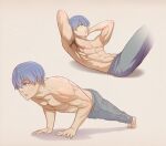  1boy abs blue_eyes blue_hair closed_mouth commentary cropped_legs english_commentary exercising feet_out_of_frame full_body grey_background grey_pants himmel_(sousou_no_frieren) male_focus mole mole_under_eye multiple_views muscular nipples pants push-ups short_hair simple_background sit-up songjo sousou_no_frieren sweat topless_male 