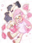  1boy 1girl beanie black_footwear boots bright_pupils commentary_request fangs grid_background hat highres hoshiika_su inkling inkling_girl inkling_player_character long_hair octoling octoling_boy octoling_player_character open_mouth pink_hair pink_hat pointy_ears red_hair shoes short_hair simple_background smile sparkle splatoon_(series) star-shaped_pupils star_(symbol) super_chump_(splatoon) symbol-shaped_pupils tentacle_hair torpedo_(splatoon) white_background white_footwear white_pupils yellow_eyes 