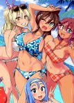  4girls absurdres amano_megumi amano_megumi_wa_suki_darake! aqua_eyes arm_behind_back arm_up bead_bracelet beads bikini blonde_hair blue_bikini blue_eyes blue_hair blush bracelet breasts bright_pupils brown_hair day dutch_angle eyewear_on_head fang floral_print grin hairband halter_top halterneck high_ponytail highres jewelry large_breasts long_hair looking_at_viewer misawa_mio multiple_girls navel nekoguchi official_art one-piece_tan one_eye_closed onizuka_kaede open_mouth outdoors plaid plaid_bikini red_bikini red_hair rimless_eyewear round_eyewear short_hair side-tie_bikini single_bang smile swimsuit tan tanline v yellow_eyes 