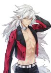  1boy belt disgaea fenrich_(disgaea) grey_hair hair_between_eyes hand_on_own_head issa_(sorako45) jacket long_hair long_sleeves makai_senki_disgaea_4 male_focus navel pointy_ears solo tail topless_male white_background wolf_tail yellow_eyes 