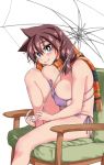  amano_megumi amano_megumi_wa_suki_darake! aqua_eyes bikini blush breasts bright_pupils brown_hair chair eyepatch_bikini folded_leg holding holding_umbrella huge_breasts large_breasts long_hair low-tied_long_hair nekoguchi official_art on_chair plaid plaid_scarf purple_bikini scarf side-tie_bikini simple_background sitting smile swimsuit umbrella unaligned_breasts white_background 