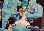  1girl armor black_thighhighs blue_gloves bottomless breasts broken_armor cowgirl_position cum cum_in_pussy elbow_gloves empty_eyes fukuro_ooji gangbang gauntlets girl_on_top gloves gold_armor green_hair group_sex hand_on_another&#039;s_head hands_up holding_another&#039;s_wrist injury long_hair lying nipple_stimulation nipple_tweak nipples on_back one_breast_out polaris_(shinrabanshou) rape red_eyes sex shinrabanshou single_bare_shoulder straddling thighhighs torn_clothes torn_gloves vaginal 