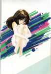  1980s_(style) 1girl abstract_background blue_eyes brown_hair cream_lemon highres hugging_own_legs long_hair marker_(medium) midair non-web_source nonomura_ami nude official_art parted_lips retro_artstyle scan shingyouji_tatsuya solo traditional_media 