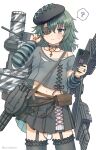  1girl ? alternate_costume arm_warmers bag black_choker black_nails black_skirt blue_eyes cellphone choker cross cross_necklace eyepatch garter_straps green_hair hair_between_eyes hair_ornament hairclip hat highres holding holding_phone jewelry kantai_collection kiso_(kancolle) looking_at_viewer nail_polish narukan navel necklace phone pleated_skirt rigging ring short_sleeves simple_background skirt smartphone solo spoken_question_mark striped_arm_warmers sweat thighhighs torpedo_tubes twirling_hair white_background 