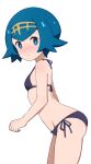  1girl arched_back bikini black_bikini blue_eyes blue_hair bright_pupils closed_mouth commentary from_side hairband lana_(pokemon) looking_to_the_side mnkr98 no_sclera pokemon pokemon_sm short_hair side-tie_bikini_bottom simple_background smile solo split_mouth swimsuit white_background white_pupils yellow_hairband 