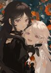  2girls :d alice_(pandora_hearts) arms_at_sides black_dress black_hair chongzhen_085 dress flower from_side highres hugging_object juliet_sleeves long_bangs long_hair long_sleeves looking_at_viewer multiple_girls nemophila_(flower) open_mouth orange_flower original pandora_hearts parted_bangs parted_lips pink_eyes puffy_sleeves sidelocks smile stuffed_animal stuffed_rabbit stuffed_toy swept_bangs teeth upper_body white_dress white_hair will_of_the_abyss 