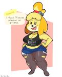 2024 animal_crossing anthro band_logo band_shirt bell belly black_clothing black_nose black_shirt black_tank_top black_topwear blonde_hair blue_bottomwear blue_clothing blue_shorts bottomwear breasts canid canine canis cleavage clothed clothing death_(band) dialogue digital_drawing_(artwork) digital_media_(artwork) domestic_dog english_text female full-length_portrait fur hair hands_on_hips handwritten_text hi_res hotpants imrachets isabelle_(animal_crossing) leggings legwear long_ears mammal midriff navel nintendo open_mouth open_smile portrait shirt shorts simple_background slightly_chubby slightly_chubby_anthro slightly_chubby_female smile solo tank_top teeth text text_on_clothing text_on_topwear tied_hair topwear torn_clothing torn_leggings torn_legwear white_background wide_hips yellow_body yellow_ears yellow_face yellow_fur