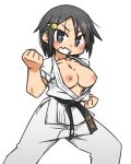  1girl belt black_belt black_eyes black_hair breasts breasts_out cannsk cat_hair_ornament clenched_hands clenched_teeth commentary_request dougi fighting_stance hair_ornament hairclip karate_gi large_breasts medium_hair nipples original solo teeth v-shaped_eyebrows 