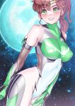  1girl absurdres arion_canvas bodysuit breasts brown_hair covered_nipples gloves green_eyes highres kino_makoto large_breasts long_hair looking_at_viewer magical_girl ponytail sailor_jupiter skin_tight smile solo taimanin_(series) taimanin_suit 