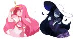  2girls adventure_time animal bat black_hair blue_eyes blush crown dress elbow_gloves fang gloves gwayo hat long_hair marceline pink_eyes pink_hair princess_bubblegum vampire 