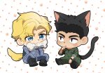  2boys animal_ears ao_isami black_hair blonde_hair bone cat_boy cat_ears cat_tail chibi couple dog_boy dog_ears dog_tail eating facial_hair holding holding_bone karisuke kemonomimi_mode lewis_smith male_focus multiple_boys paw_print paw_print_background sideburns_stubble sitting stubble tail thick_eyebrows yaoi yuuki_bakuhatsu_bang_bravern 