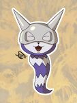 ambiguous_gender armor bandai_namco black_nose caprimon citrusseed digimon digimon_(species) eyes_closed feral fur headgear helmet hi_res horn horned_helmet open_mouth pattern_background purple_body purple_fur signature silver_helmet simple_background smile smiling_at_viewer solo tail white_body white_fur