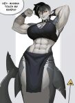 abs absurd_res animal_humanoid big_breasts black_hair bonnymama7 bottomwear breasts clothed clothing dialogue female fin fish fish_humanoid flexing grey_body grin hair hi_res humanoid marine marine_humanoid merfolk midriff muscular muscular_female shark shark_humanoid sharp_teeth smile solo speech_bubble split_form tail tail_fin tattoo teeth