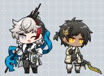  2boys arknights black_hair black_pants black_shirt bright_pupils brown_coat checkered_background chibi coat commentary dark-skinned_male dark_skin dog-san earclip elysium_(arknights) flag gloves grey_background grey_eyes grey_hair grey_pants holding holding_flag holding_sword holding_weapon looking_at_viewer multicolored_hair multiple_boys one_eye_closed open_mouth pants pants_rolled_up red_hair shirt signature simple_background smile sword thorns_(arknights) weapon white_coat white_gloves white_pupils yellow_eyes 