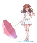  1girl blush bow bowtie brown_eyes brown_hair commentary cosplay delicious_party_precure dress full_body hair_bow hair_ribbon hand_up haru_(nature_life) highres hirogaru_sky!_precure holding holding_umbrella long_hair looking_at_viewer nagomi_yui nijigaoka_mashiro nijigaoka_mashiro_(cosplay) open_mouth pink_dress pink_footwear pink_shirt pink_umbrella precure puffy_short_sleeves puffy_sleeves red_bow red_ribbon revision ribbon sailor_collar shirt shoes short_sleeves simple_background smile socks solo standing two_side_up umbrella water white_background white_bow white_bowtie white_dress white_sailor_collar white_socks yellow_bow 