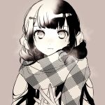  1girl bangs blunt_bangs closed_mouth commentary_request danganronpa expressionless grey_background greyscale hair_ornament hair_scrunchie hairclip hands_up harukawa_maki long_hair looking_at_viewer low_twintails mole mole_under_eye monochrome new_danganronpa_v3 portrait scarf scrunchie shiny shiny_hair simple_background solo twintails zang_li 
