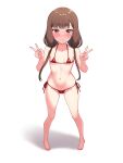  1girl 3: absurdres bare_arms bare_legs bare_shoulders barefoot bikini blunt_bangs blush breasts brown_eyes brown_hair closed_mouth collarbone commentary double_v embarrassed english_commentary feet from_above frown full_body furrowed_brow groin halterneck hands_up highres iino_miko kaguya-sama_wa_kokurasetai_~tensai-tachi_no_renai_zunousen~ long_hair looking_at_viewer micro_bikini midriff moriforests navel nose_blush red_bikini shiny_skin side-tie_bikini_bottom sidelocks simple_background small_breasts solo standing stomach swimsuit thighs toes tsurime v white_background 