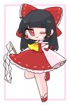  1girl ascot black_hair bow brown_hair detached_sleeves frills gohei hair_bow hair_tubes hakurei_reimu highres long_hair looking_at_viewer one_eye_closed op_na_yarou red_bow red_eyes sandals skirt smile solo standing standing_on_one_leg touhou white_background 