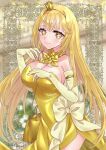  1girl ayuko_(ayuko54bornthisway) bag blonde_hair blurry blurry_background bow breasts cleavage closed_mouth crown dress dress_bow elbow_gloves gloves handbag highres large_breasts long_hair looking_at_viewer mini_crown official_alternate_costume shokuhou_misaki side_slit smile solo sparkling_eyes toaru_majutsu_no_index toaru_majutsu_no_index:_new_testament whistle whistle_around_neck yellow_bow yellow_dress yellow_eyes yellow_gloves 