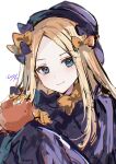  1girl abigail_williams_(fate) black_bow black_dress black_hat blonde_hair blue_eyes blush bow breasts dress fate/grand_order fate_(series) forehead hair_bow hat highres hitomin_(ksws7544) long_hair long_sleeves looking_at_viewer orange_bow parted_bangs ribbed_dress sleeves_past_fingers sleeves_past_wrists small_breasts smile solo stuffed_animal stuffed_toy teddy_bear 