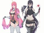  2girls adventure_time armor black_hair blood breasts cape cleavage cropped crown elbow_gloves fang garter_belt gloves leotard liya_nikorov long_hair magic marceline navel pink_eyes pink_hair pointed_ears princess_bubblegum red_eyes shorts thighhighs vampire zettai_ryouiki 