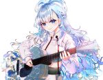  1girl acoustic_guitar blue_eyes blue_hair blush braid closed_mouth colored_tips commentary cropped_hoodie french_braid guitar half_updo high_ponytail highres holding holding_guitar holding_instrument hololive hololive_indonesia hood hoodie instrument kobo_kanaeru kobo_kanaeru_(1st_costume) long_hair long_sleeves looking_at_viewer multicolored_hair pants playing_guitar ringed_eyes simple_background smile solo sowon split_ponytail transparent_background twitter_username upper_body virtual_youtuber wavy_hair white_hair white_hoodie white_pants 
