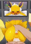  1boy anal_fingering anus ass bestiality blush dagasi eevee fangs fingering flareon gameplay_mechanics glory_wall health_bar highres jolteon open_mouth pokemon pokephilia pov pussy screen sex speed_lines tail tears through_wall yellow_fur 