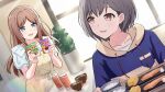  2girls apron bang_dream! bang_dream!_it&#039;s_mygo!!!!! blue_eyes blue_hoodie blush bowl brown_hair commentary_request cup drawstring drinking_glass dutch_angle fish_(food) food furikake_(food) grey_hair highres holding holding_tray hood hoodie indoors long_hair looking_at_another miso_soup multiple_girls nagasaki_soyo novi_visual omelet open_mouth parted_lips plant potted_plant red_eyes rice shirt short_hair smile sparkle takamatsu_tomori tamagoyaki tray white_shirt yellow_apron 