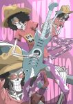  1boy afro alternate_costume black_hair brook_(one_piece) clenched_teeth commentary_request english_commentary english_text guitar hat highres holding holding_guitar holding_instrument instrument male_focus mixed-language_commentary music oda_eiichirou official_art one_piece pink-tinted_eyewear playing_guitar playing_instrument shirt short_sleeves skeleton sunglasses teeth tinted_eyewear yellow-framed_eyewear 