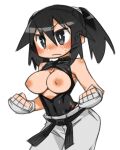  1girl belt black_belt black_eyes black_hair black_leotard blush breasts breasts_out cannsk cleavage_cutout clenched_hands clothing_cutout commentary_request cowboy_shot ears_visible_through_hair fingerless_gloves gloves grey_gloves grey_pants kurogane_arumi large_breasts leotard light_frown mma_gloves nipples original pants solo sweatdrop twintails 