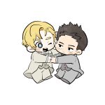 2boys ao_isami black_hair blonde_hair chibi couple eye_contact facial_hair highres holding_hands husband_and_husband interlocked_fingers lewis_smith looking_at_another male_focus multiple_boys official_alternate_costume one_eye_closed paya_genko_man sideburns_stubble stubble suit thick_eyebrows yaoi yuuki_bakuhatsu_bang_bravern 
