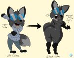 4_fingers anthro black_body black_eyes black_fur bottomwear breasts butt canid canine canis clothing english_text eyewear female fingers fur glasses hi_res mammal meme pants rear_view simple_background solo sweater tail teeth text tongue topwear unknown_artist wolf