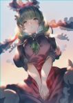  1girl bangs blurry breasts chromatic_aberration closed_mouth commentary_request cowboy_shot depth_of_field dress expressionless from_below front_ponytail gradient_sky green_eyes green_hair hair_ribbon hands_together highres kagiyama_hina long_hair medium_breasts perspective puffy_short_sleeves puffy_sleeves red_dress ribbon short_sleeves sky solo touhou uu_uu_zan 