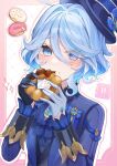  ! !! 1girl ahoge artist_name ascot asymmetrical_gloves black_gloves blue_ascot blue_bow blue_eyes blue_gemstone blue_hair blue_hat blue_jacket blush border bow brooch closed_mouth commentary_request doughnut drop-shaped_pupils eating eyelashes food food_on_face frilled_sleeves frills furina_(genshin_impact) gem genshin_impact gloves hair_between_eyes hair_intakes half_gloves hands_up hat hat_bow heterochromia highres holding holding_food jacket jewelry lapels long_sleeves looking_at_viewer mismatched_gloves mismatched_pupils mokankan multicolored_hair open_clothes open_jacket outline outside_border parted_bangs pink_border pink_outline short_hair sidelocks simple_background sleeve_cuffs solo sparkle speech_bubble spoken_exclamation_mark streaked_hair swept_bangs symbol-shaped_pupils tilted_headwear top_hat twitter_username upper_body white_background white_gloves white_hair white_outline 