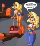  2020 absurd_res activision annoyed anthro bandicoot bare_arms bare_legs belt bent_over big_breasts black_nose blonde_hair blu3danny blue_bottomwear blue_clothing blue_overalls blue_shorts bottomwear breasts brown_gloves cleavage clothed clothing coco_bandicoot crash_bandicoot crash_bandicoot_(series) crossed_arms curled_hair detonator dialogue duo english_text explosives eyebrows eyelashes eyewear female figurine fingerless_gloves footwear fur gesture gloves goggles green_eyes hair half-closed_eyes handwear hi_res holding_object hotpants lips male mammal marsupial midriff minishorts narrowed_eyes open_mouth orange_body orange_fur patch_(fabric) pink_belt pink_clothing pink_footwear pink_shoes ponytail pouch_(disambiguation) presenting raised_eyebrow shirt shoes shorts skimpy small_waist speech_bubble tan_body tan_fur tank_top teeth text thick_lips thick_thighs thong thumbs_up tnt tongue topwear underwear unimpressed utility_belt video_games white_clothing white_shirt white_tank_top white_topwear wide_hips 