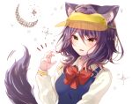  1girl alternate_costume animal_ears closed_mouth gina_(gnosia) gnosia hair_between_eyes heterochromia long_sleeves looking_at_viewer medium_hair nail_polish purple_hair rocomani simple_background smile solo tail visor_cap wavy_hair 