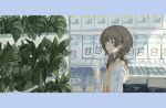  1girl absurdres border bottle brown_hair gyeonnggye highres holding holding_bottle looking_at_object milk original plant shop solo 