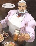  1boy apron bara beard beer_mug blue_eyes bowl chopsticks commentary_request cup facial_hair food glass highres holding holding_cup indoors jp_(street_fighter) looking_at_viewer male_focus mature_male mug mustache necktie on_chair orange_necktie sa1k0p sitting solo speech_bubble steam street_fighter street_fighter_6 translation_request white_apron white_hair 