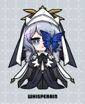  1girl :&lt; arknights black_dress black_gloves blue_butterfly bug butterfly butterfly_over_eye character_name checkered_background chibi coif commentary dog-san dress gloves grey_background grey_eyes habit highres long_sleeves looking_at_viewer own_hands_together parted_lips purple_hair short_hair signature simple_background solo whisperain_(arknights) whisperain_(priory_of_abyss)_(arknights) 