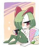  @_@ blush cottonee green_hair hair_over_one_eye handheld_game_console highres holding holding_handheld_game_console horns ino_(tellu0120) kirlia nintendo_switch parted_lips pillow pink_eyes playing_games pokemon pokemon_(creature) sidelocks simple_background sitting sweat 