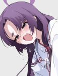  1girl blue_archive blush crying crying_with_eyes_open eyeshadow fang grey_background halo japanese_clothes long_hair makeup open_mouth osisio parted_bangs purple_eyes purple_hair red_eyeshadow short_eyebrows simple_background skin_fang sobbing solo tears yukari_(blue_archive) 