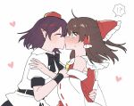  !? 2girls ascot black_bow black_bowtie blush bow bowtie brown_eyes brown_hair chest_sarashi closed_eyes commentary detached_sleeves frilled_bow frilled_hair_tubes frills hair_bow hair_tubes hakurei_reimu hat heart kiss long_hair multiple_girls pointy_ears puffy_short_sleeves puffy_sleeves red_bow red_hat ribbon-trimmed_sleeves ribbon_trim sakic43899 sarashi shameimaru_aya shirt short_sleeves surprise_kiss surprised sweat tokin_hat touhou white_shirt yellow_ascot yuri 