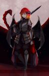 absurd_res armor bat_wings cape claymore clothing evine_belial felid female green_eyes hair hi_res iranian_mythology likesac looking_at_viewer mammal manticore melee_weapon membrane_(anatomy) membranous_wings middle_eastern_mythology moon mythology orange_hair solo sword tail_spines weapon wings