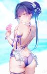  1girl :p absurdres ass ass_focus bikini blurry blurry_background bracelet breasts closed_mouth cowboy_shot flower from_behind hair_flower hair_intakes hair_ornament hand_up highres holding holding_ice_cream_cone honkai_(series) honkai_impact_3rd ice_cream_cone jewelry kagefumi large_breasts legs_together long_bangs long_hair looking_at_viewer median_furrow mismatched_bikini pink_eyes ponytail purple_bikini raiden_mei raiden_mei_(herrscher_of_origin) sideboob sidelocks signature skindentation smile solo swimsuit thick_thighs thighs tongue tongue_out wet white_bikini white_flower 