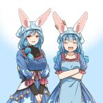  2girls :d animal_ears apron blue_apron blue_dress blue_hair blue_scarf breasts brown_eyes closed_eyes collarbone commentary_request cosplay covered_collarbone cowboy_shot crescent_print crossed_arms dress earclip frilled_sleeves frills head_scarf highres hololive large_breasts long_hair looking_at_viewer low_twintails medium_bangs mother_and_daughter multiple_girls open_mouth pekomama rabbit_ears rabbit_girl scarf seiran_(touhou) seiran_(touhou)_(cosplay) smile square_neckline teeth touhou twintails upper_teeth_only usada_pekora virtual_youtuber yudepii 