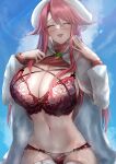  1girl absurdres aty_(summon_night) blue_sky bra breasts cleavage closed_eyes coat commentary_request glasses hands_up highres huge_breasts long_sleeves navel open_mouth panties red_bra red_hair red_panties sky smile solo summon_night summon_night_3 torishu_(kumataka_4867) underwear white_coat 